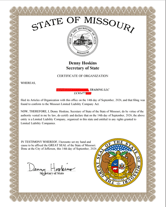 Certificate/Articles of Organization thật, bang Missouri · 09/2026