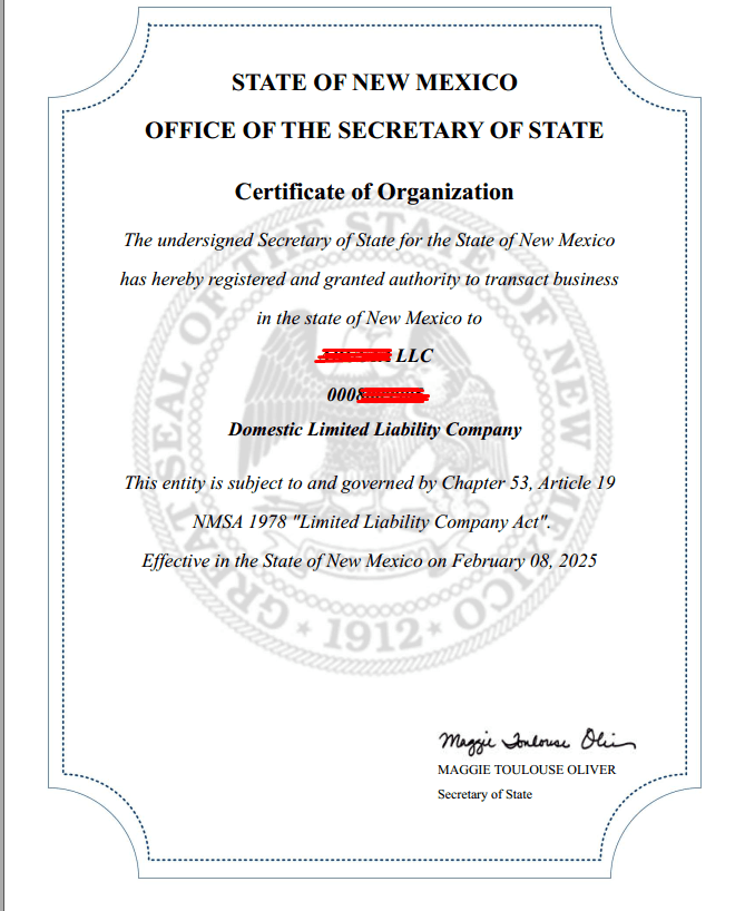 Certificate of Organization thật, bang New Mexico