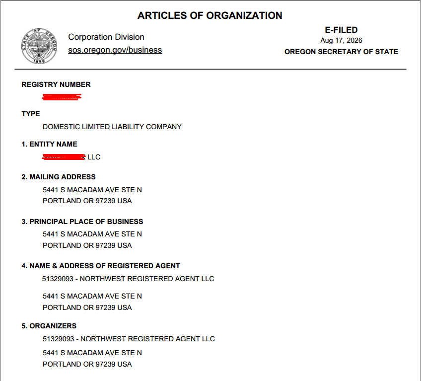 Articles of Organization thật, bang Oregon
