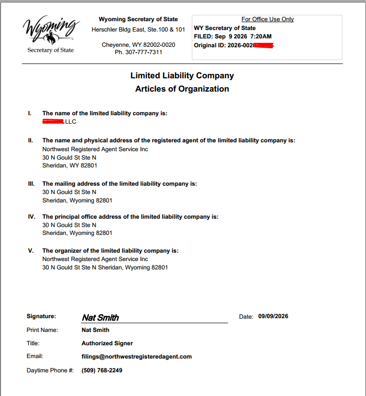 Articles of Organization thật, bang Wyoming